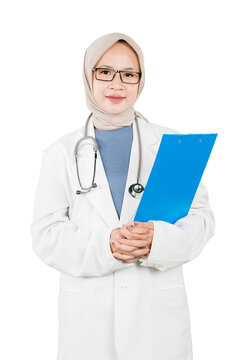 Asian Muslim Female Doctor Holding Clipboard Studio Portrait Isolated on White Background