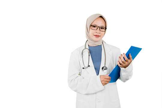 Asian Muslim Female Doctor Holding Clipboard with Copy Space on Isolated White Background