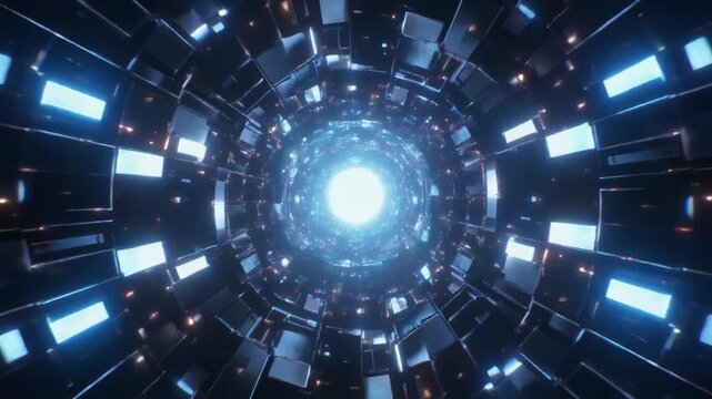 Abstract artificial intelligence core rotating, luminous center, dark background