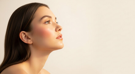 Obraz premium Close-up profile of a young woman with smooth skin and dark hair, showcasing natural beauty and healthy complexion, ideal for cosmetic or wellness concepts