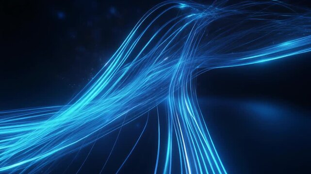 Abstract flowing data lines forming a digital network, blue neon glow, dark background, smooth motion, cinematic lighting