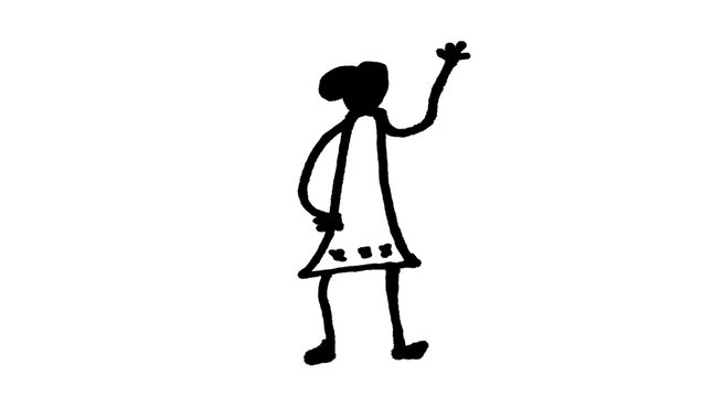 Black stick figure girl in a dress waving hello sketch drawn by hand and isolated on plain white, a cute freehand illustration with uneven playful outlines, a simple childlike character for storytelli