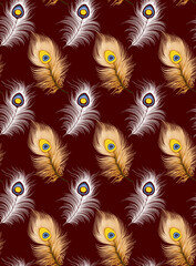 Elegant seamless peacock feather pattern with golden and white ornamental feathers on a deep maroon background, suitable for luxury textile, fashion fabric, wallpaper, home decor, and surface pattern  © Juju