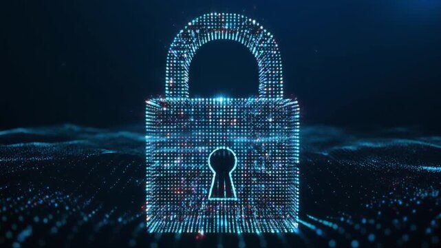 Digital security lock formed from light particles, subtle pulsing animation