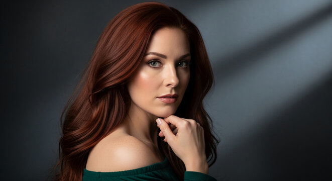 Portrait of a woman with auburn hair and green eyes, showcasing her features and fair skin with freckles, symbolizing natural beauty and elegance