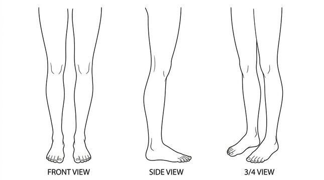 Footwear design template featuring female lower legs and feet in front side and three quarter views for shoe and boot design planning