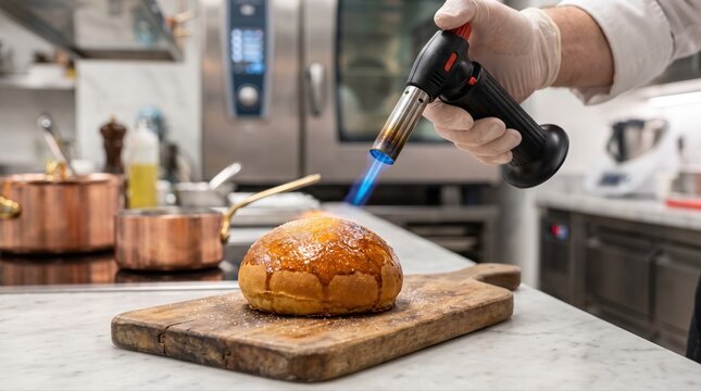 Chef toasting a brioche burger bun with a kitchen torch, creating an artisan burger presentation in a modern professional kitchen