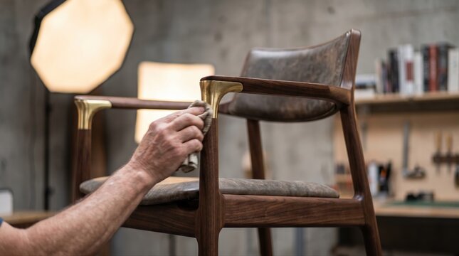 Craftsman polishing a midcentury wooden chair in a workshop, representing furniture finishing, restoration, and handmade design quality