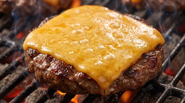 Melted cheese covering a seared beef patty on a grill, showcasing a juicy cheeseburger, gourmet comfort food, and barbecue flavor