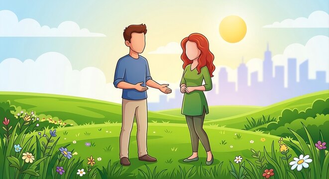 Man and woman is talking. Friends are talking, sunny day