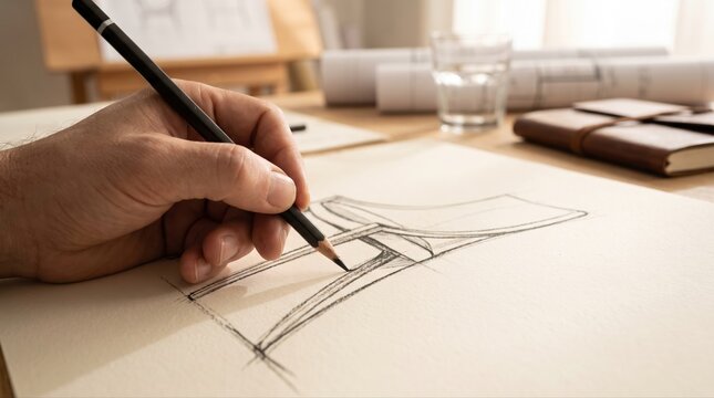 Hand sketching a designer chair on paper in a workshop, illustrating furniture concept development, creative design, and craftsmanship