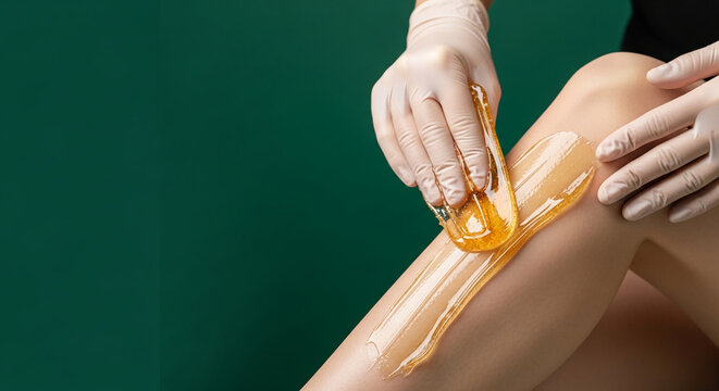 Gloved hand applying golden sugar paste for hair removal on leg, signifying smooth skin and beauty treatment