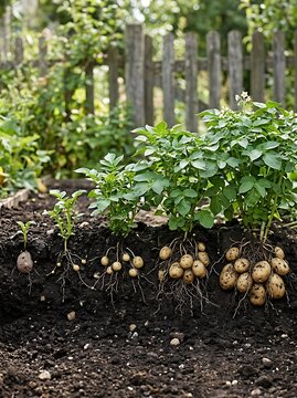 Growing potato plants from seed to harvest showing roots, tubers, flowers, and stages of plant growth