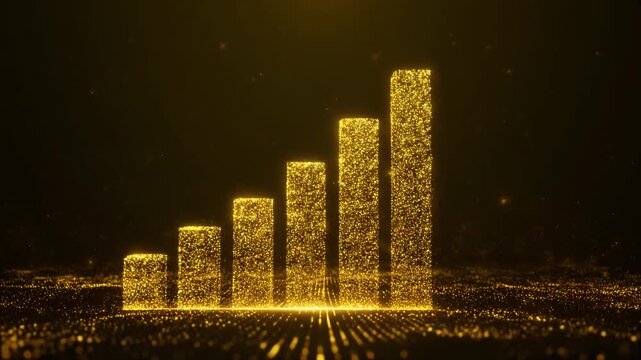 Gold particles forming a rising bar chart