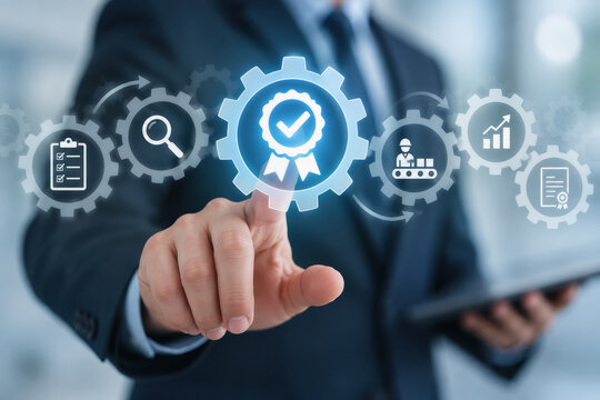 Quality management concept with Quality Assurance QA and Quality Control QC certification badge manager touching compliance standardization process improvement regulatory compliance audit training