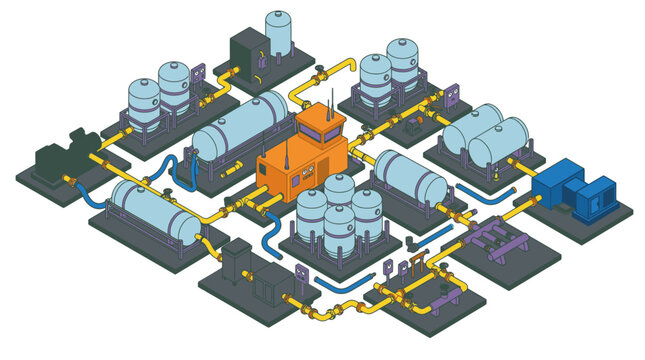 Creative Isometric 3D of Industrial Chemical Processing Plant with Color Coded Piping and Equipment