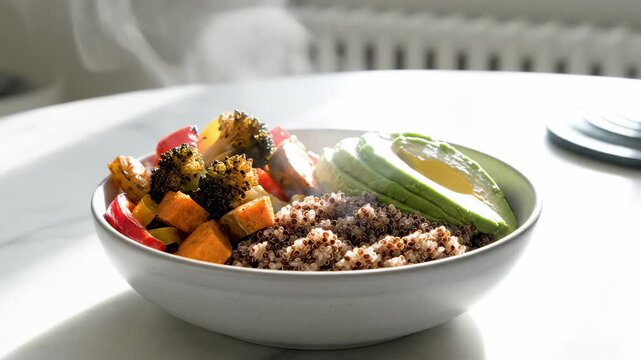 A meal is presented in a white bowl with steaming cooked vegetables, quinoa, and avocado slices. The setting appears bright and clean, highlighting