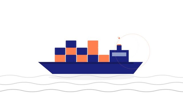 Navy Blue and Coral Global Container Ship Tracking Icon with Pulsing Satellite Signal and Stylized Ocean Waves