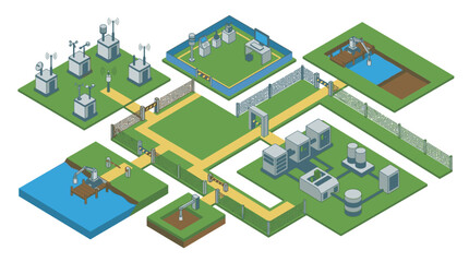 Fototapeta premium Professional Isometric of Smart Industrial IoT Facility with Sensors Water Bodies and Server Rooms