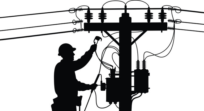 A black silhouette of a utility worker wearing a hard hat, working on an electrical pole with transformers and power lines against a plain white background, for energy