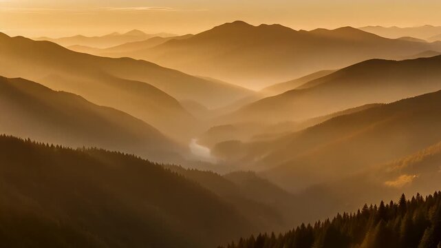 Sunrise over mountains, warm light spreading slowly