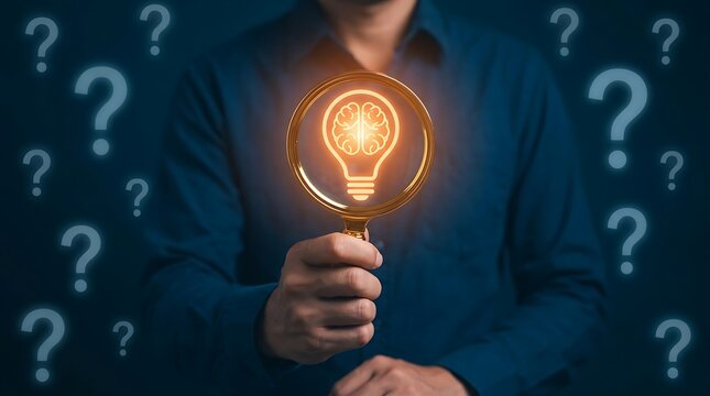 Person holding glowing magnifying glass focused on glowing light bulb with brain surrounded by question marks