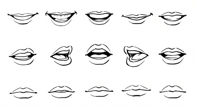 Set of hand drawn mouth expressions and lip shapes for character animation.