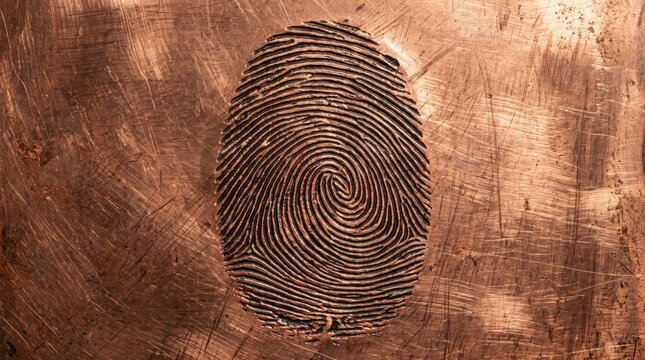 Detailed human fingerprint impression etched or pressed onto a scratched and weathered copper metal surface