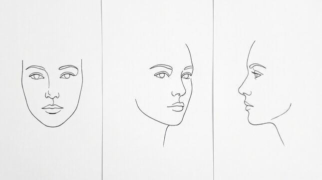 Minimalist line art illustration of a woman face shown from three different angles.