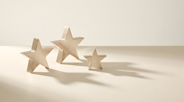 Minimalist composition featuring three wooden star shaped objects and soft lighting