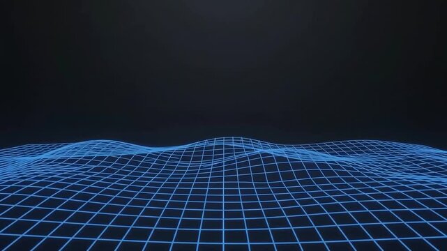 Glowing neon blue grid mesh terrain undulating gently in smooth waves on dark gray background, futuristic retro digital landscape