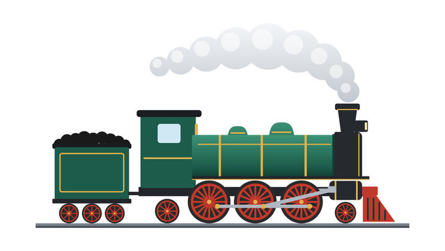 Vintage green steam locomotive with red wheels and smoke