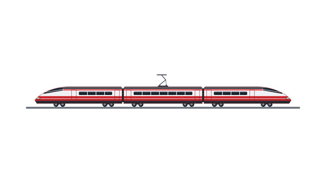 Red and silver express passenger train on rail, side view