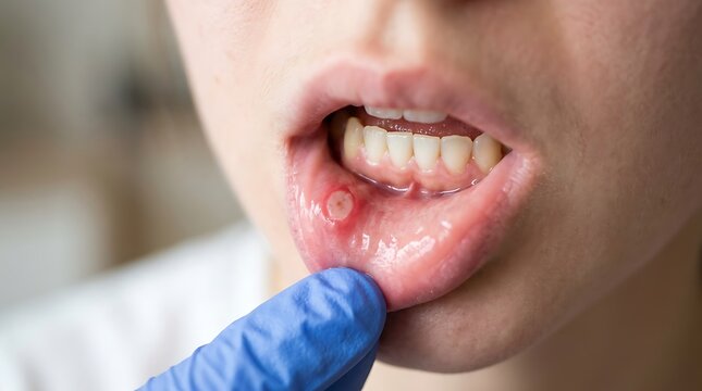 Medical wearing blue gloves examining a painful canker sore on the lower lip of a patient mouth lips
