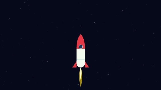 Minimal White and Red Rocket Ship Launching with Pulsing Yellow Exhaust Flame in Dark Blue Space