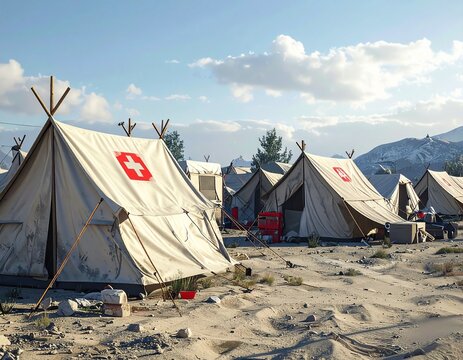 Temporary Refugee Shelter Tents with Medical Cross Symbols Set Up in a Desert Landscape After a Natural Disaster or Humanitarian Crisis