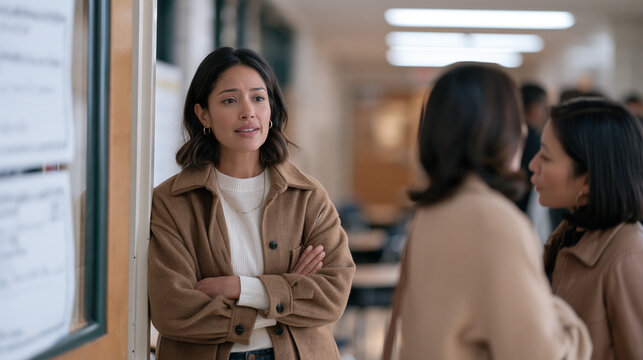 A school teacher standing just outside an open classroom door overhearing two parents whispering in a hallway, concerned expression, parent gossip and community rumor in an