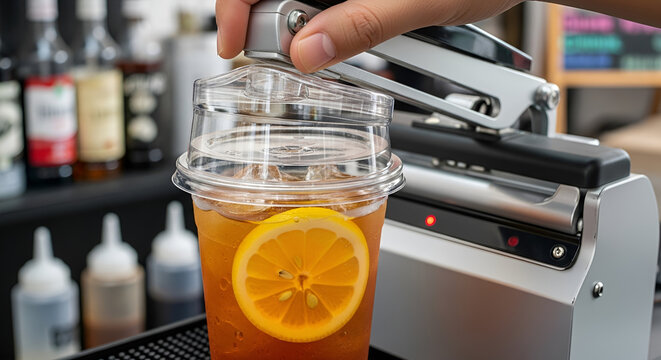 Hand sealing an iced lemon tea drink in a plastic cup with a sealing machine at a cafe or bar