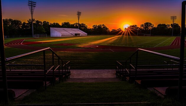 A scenic sunset illuminates a high school football field with a track.
