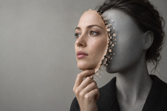 Woman Removing Pixelated Face Mask Revealing Hidden Identity