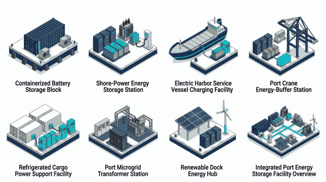 Collection of isometric illustrations depicting various port energy infrastructure and facilities for sustainable maritime operations.