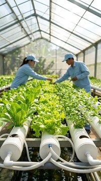 Workers harvesting fresh green lettuce in hydroponic greenhouse rows with white tubes and flowing water systems