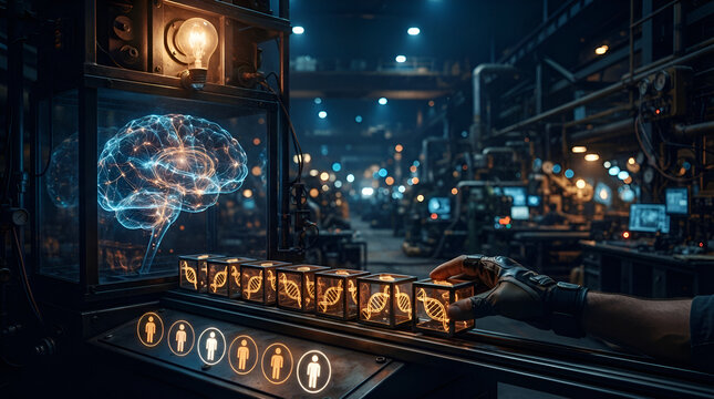 Futuristic workspace featuring holographic brain interface and neural network visualization on digital display with glowing data streams and advanced technology controls