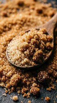 Macro close up of brown granulated sugar piled on a dark textured surface with a wooden spoon holding sweet crystals