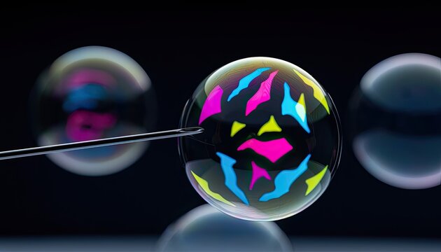 A needle poised to pop a colorful soap bubble against a dark background.