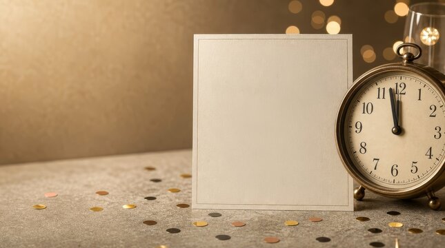 Blank greeting card template beside vintage alarm clock showing midnight for New Year invitation
