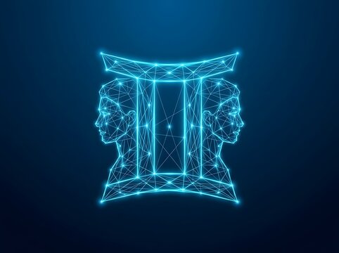 Gemini zodiac sign represented by glowing blue digital twins