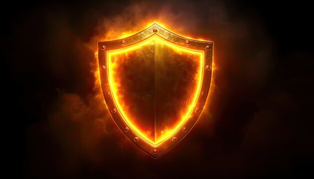A golden shield engulfed in flames on a dark background.