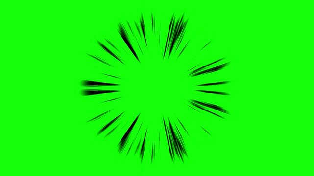 Circular Black Manga-Style Radial Focus Lines Frame with Green Screen Background for Chroma Key