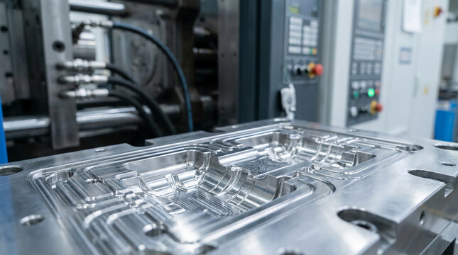Polished metal mold in an industrial setting used for precision manufacturing, showcasing intricate cavity details and automated machinery in the background.